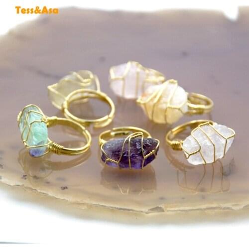 Natural Raw Stones Crystal Rings Amethyst Rose Quartz Fluorite Clear Quartz Handmade Gold Wire Wrapped Ring Wedding Gift Women