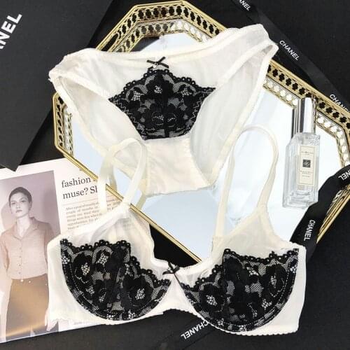 Sexy embroidered ultra-thin mesh lace lingerie set underwire gathered underwear transparent bralette comfortable bra set