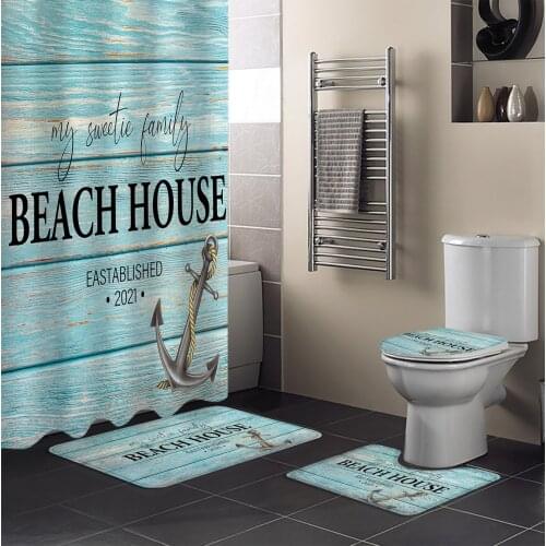 Wood Grain Anchor Beach Text Shower Curtain Set Toilet Seat Cover Set Bathroom Shower Curtain Set Bath Mats Rugs