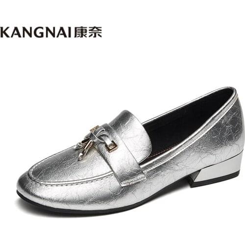 KANGNAI Loafers Women Microfiber Round Toe Slip-On Metal Decoration Ladies Flats Shoes Casual