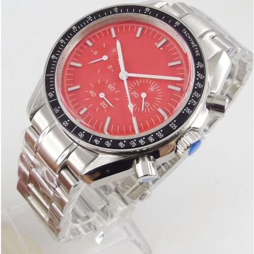 Nologo 40mm Mechanical Mens Watch Date/Week Indicator Arched Glass Polished Case Mental Strap