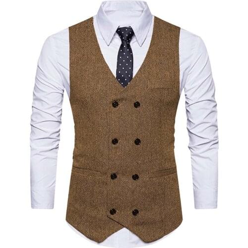 Grown Herringbone Casual Vests for Men with Double Breasted One Piece Wool Suit Waistcoat V-Neck Wedding Grom Tuxedo Coat