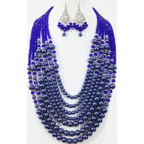 High pretty blue round shell simulated-pearl 7 rows necklace earrings crystal beads elegant weddings hot sale jewelry set B1308