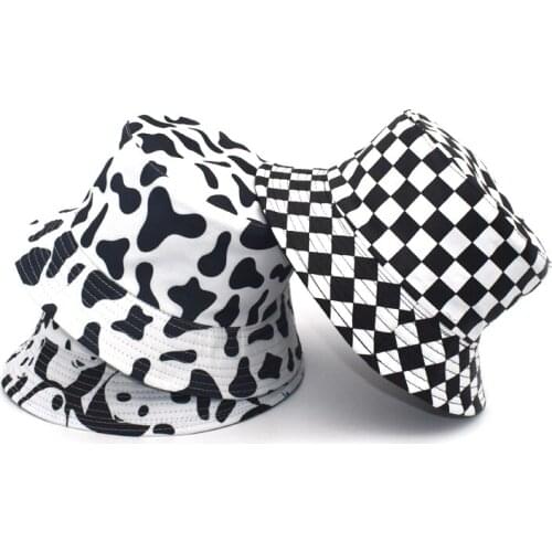 New Fashion Reversible Black White Cow Pattern Bucket Hats Fisherman Caps For Women Gorras Summer M111