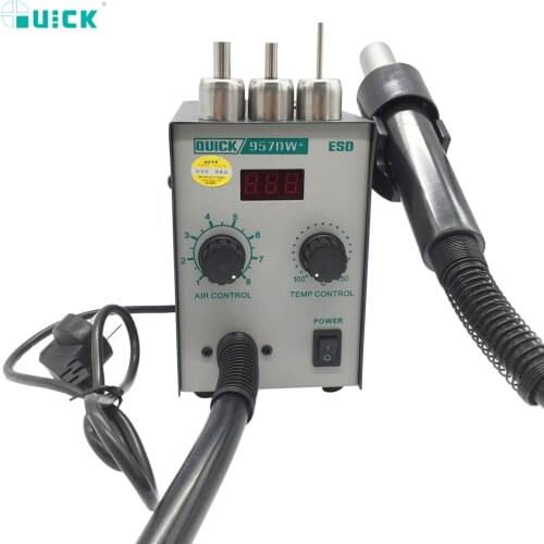 Newest 220V Quick 957DW+ LED Display Adjustable Hot Air Heat Gun with Helical Wind 400W SMD Rework Station with 3 Air Nozzles