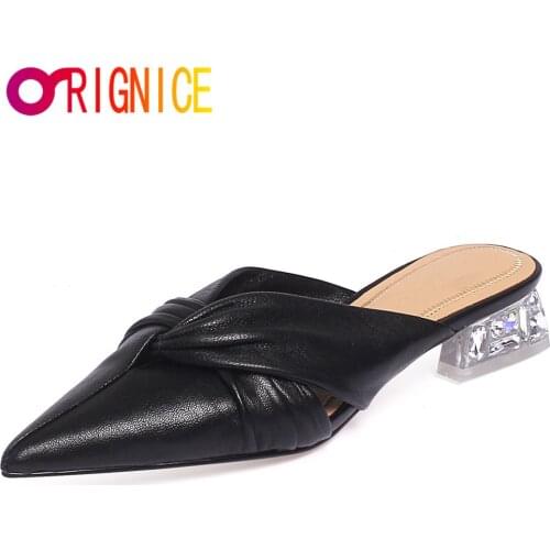 Orignice Women Pumps Pointed Toe Pleated Soft Sheepskin Ladies Mules Fashion Outdoor Crystal Thick Heel Party Wedding Shoes