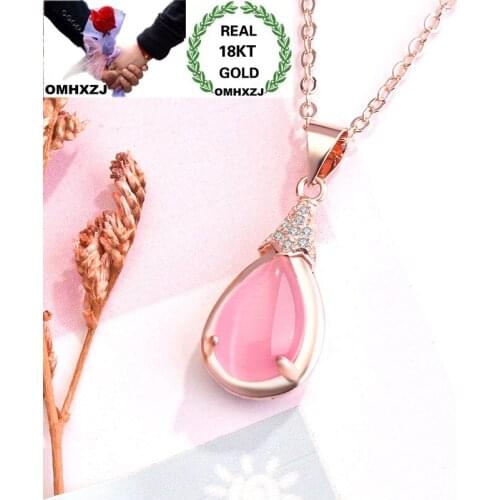 OMHXZJ Wholesale European Fashion Woman Party Birthday Gift Water Drop Rose Quartz Zircon 18KT Rose Gold Pendant Necklace NA236
