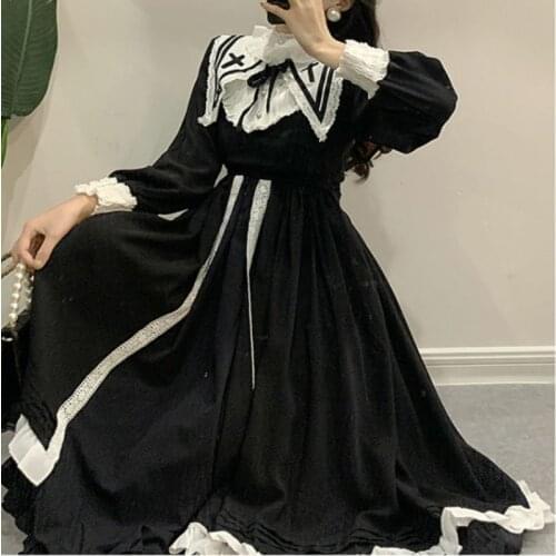 Girl Japanese Lolita Dress Women Gothic Kawaii Midi Dress Female Lace-Up Ruffles Vintage Sweet Korean Dress New Women Autumn