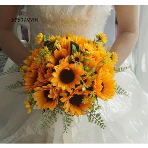 Sunflower Bridal Bouqet The Bride Holding Flowers Flores Artificiales De Novia Artificial Bridesmaid Wedding Bouquet