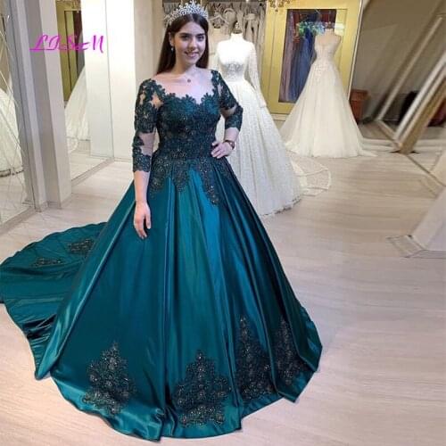 Dark Green 3/4 Long Sleeves Prom Dress Scoop Neck Appliques Evening Formal Dresses Ball Gown Party Dress Vestido De Formatura