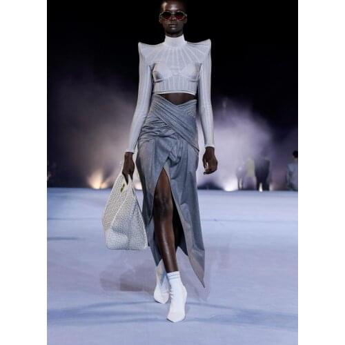 High Street Autumn New Women Sexy Jacquard Striped Full Sleeve Bandage Crop Top 2021 Celebrity Designer Fashion Party Top