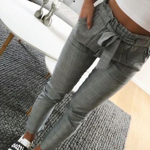 Women Fashion Plaid Pleated High Waist Skinny Pencil Pants Trousers with Sash