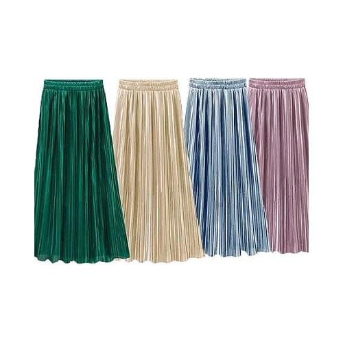 2018 Summer New Women Pleated Skirts High Waist Silky Medium-Long Term Skirts Luster Stretch Skater Flared Women Skirts