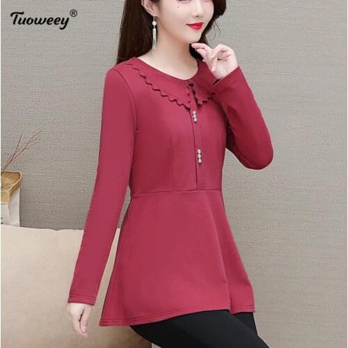 2021 plus size Women vintage solid Blouses patchwork Fashion autumn long Sleeve Shirt Female o neck tops camisas mujer elegant