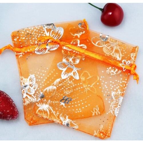 7x9cm 200pcs/lot Orange Drawable Organza Bags Embalagens Para Doces Casamento Promotiont Bags Butterfly Organza Jewelry Pouches