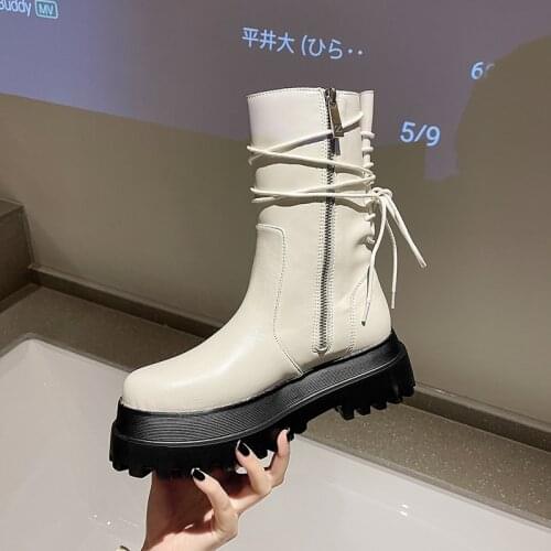 Womens Fashion Boots PU Leather Platform Female Bandage Ankle Boot Zipper Thick Bottom Non Slip Woman Shoes Autumn Winter 2021