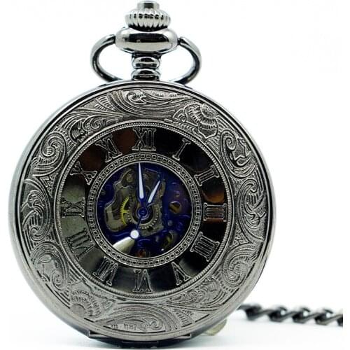 10pcs/lot Black Rome Style Automatic Skeleton Mechanical Pocket Watch Hand-winding Fob Watches Man Women