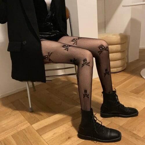Black Fishnet Stockings Gothic Punk Style tights fishnet mesh skull print Designer Pirate Halloween Fancy Dress Party Stockings