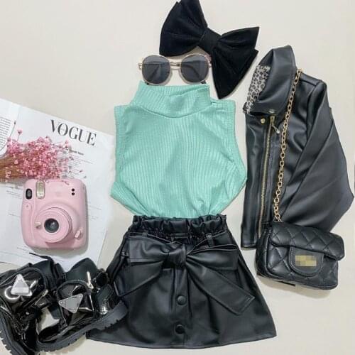 FOCUSNORM 2pcs Fashion Kids Girls Clothes Sets Solid Knit Sleeveless Turtleneck Vest Top+PU Leather Bowknot A-Line Skirts 2-7Y