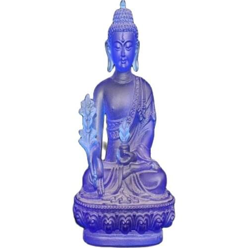 Chinese Old The colored glass depicts the Blue Apothecary Buddha prays to worship the Buddha