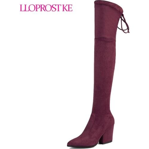 Lloprost ke New Black Gray Red Womens Kid Suede Thigh High Boots Block Thick Heel Over-Knee Boots Pointed Toe Long boots D113