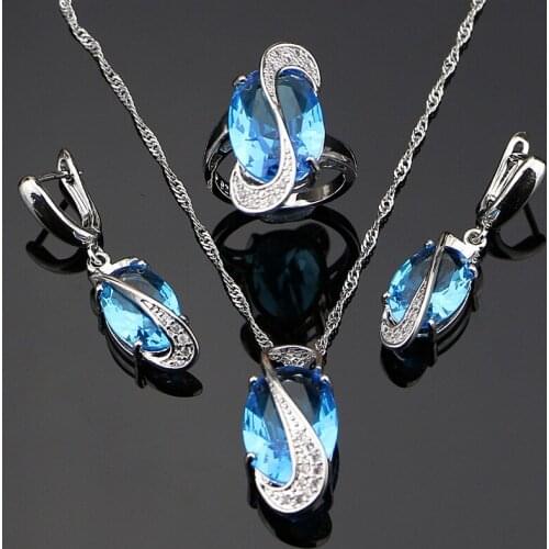 Mystic Oval Blue Cubic Zirconia 925 Silver Jewelry Sets For Women Wedding Earrings/Pendant/Necklace/Ring drop shipping