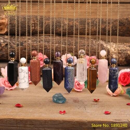 Natural Pink Ametysts Quartz Hexagon Perfume Bottle Pendant Necklace For Women Tiger Eye Gems Stones Essential Oil Vials Jewelry