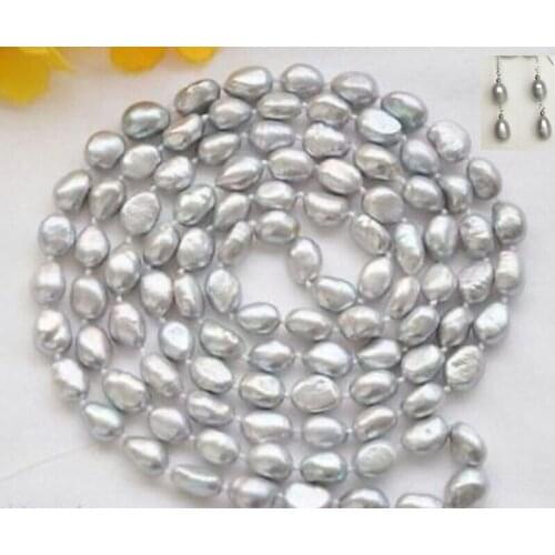 New 34inch 7-8MM SILVER GRAY Freshwater Baroque PEARL NECKLACE earring shipping free