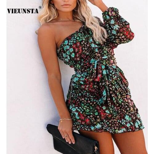 Autumn One Shoulder Long Sleeve Mini Dress Women Spring Skew Collar Pattern Print Party Dress Elegant Office Lady Beach Dresses