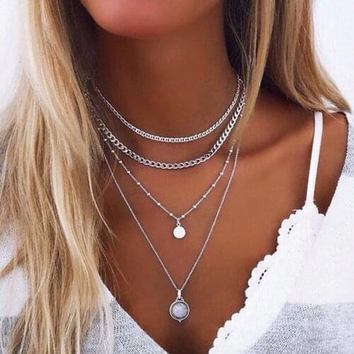 Bohemian Style Multilayer Thick Chains Round Gem Pendant Necklace for Women Vintage Geometric Clavicle Necklace Jewelry YN1682