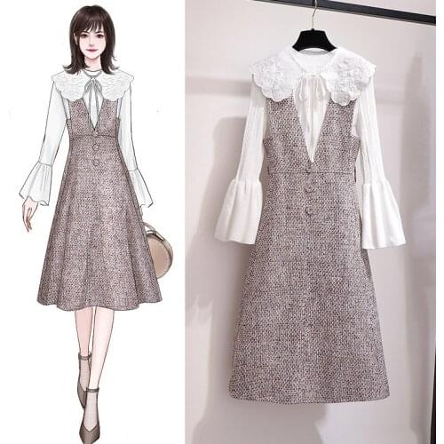 Long-sleeved dress autumn and winter 2019 new autumn high cold womens temperament mature strap skirt suit