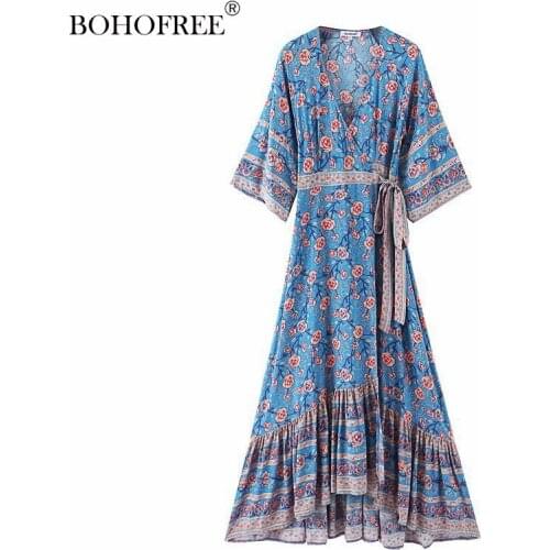 Boho Wrap Dress Rose Floral Print Short Sleeve Casual Sashes Bohemian Vestidos Mujer Long Dress Vacation Dress Women