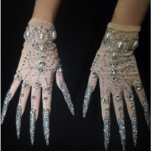 Luxurious Rhinestone Pearls Gloves Women Shining Short Mesh Glove Women Drag Queen Nightclub Stage Performance Show Accessories