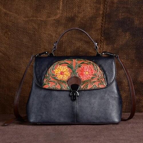 Retro Handmade Embossing Genuine Leather Women Bag Luxury Handbag 2021 New Floral Leisure Cowhide Shoulder Crossbody Bags Bolsa