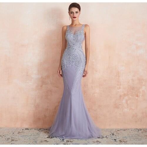 Sexy Evening Dresses Scoop Neck Crystal Beaded Sparkly Light Purple Formal Party Dresses For Women Mermaid Prom Dress Long 2019