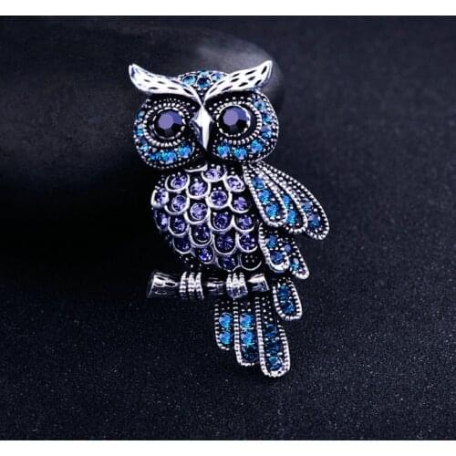 Owl Rhinestone Blue Brooch Drill Ancient Womens Mens Owl Korean Zinc Alloy Trendy Imitation Badge Christmas Gifts Accessories
