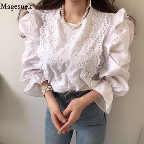 2021 Palace Style Blouse New Korean Spring Retro Hollow Ruffle Stitching Women Top Puff Long Sleeve Round Neck Loose Shirt 13790
