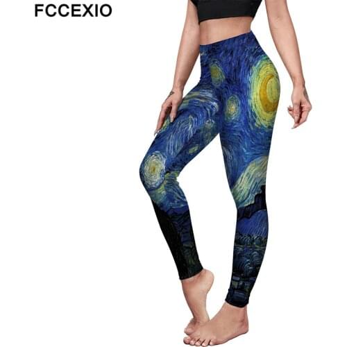 FCCEXIO Famous Oil Painting 3D Print Women Sexy Plus Size Seamless Leggings Casual Workout Fitness Pants Sports Trousers