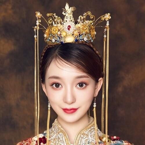 Women Chinese Bridal Jewelry Sets Gold Phoenix Tiaras Crown Headpiece Wedding Hair Accessories Elegant Exquisite Headbands
