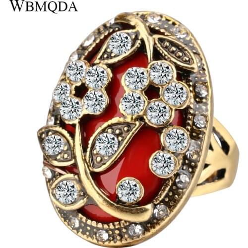 2018 Fashion Crystal Flower Wedding Rings Antique Gold Color Bohemian Ring Indian Jewelry Gifts For Women Free Shipping