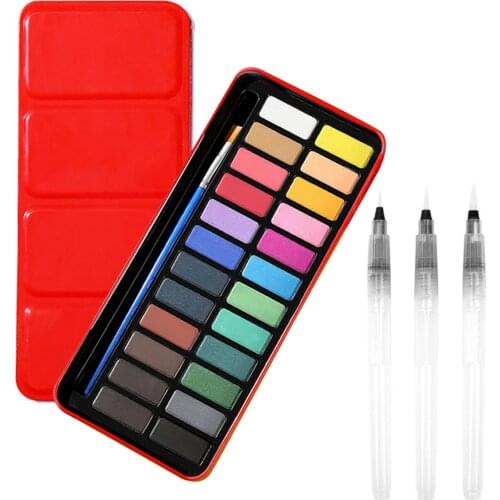 24/42 Colors Portable Watercolor Painting Solid Pigment Paint Set with Water Coloring Brushes for Kids Adult Painting Art Craft