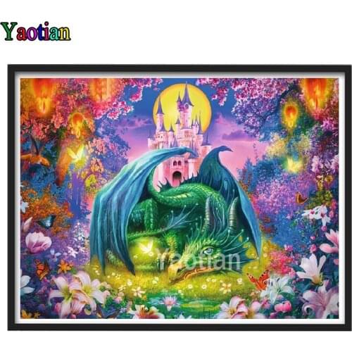 5D Diamond Painting Green Dragon Diamond Embroidery Castal Landscape Full Drill Square Mosaic Rhinestones Decor For Home