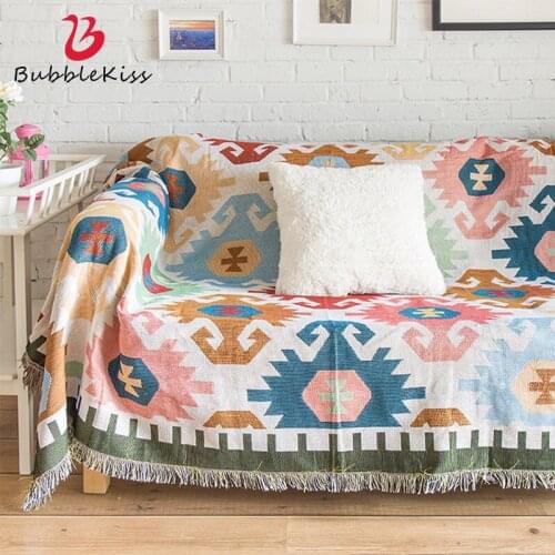 Bubble Kiss Sofa Throw Blanket Retro Knitted Thicken Soft Towel Blanket Geometric Pattern Sofa Cushion Tassel Thread Blankets