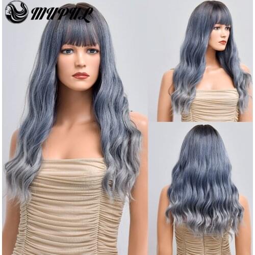 Blue Long Wave Ombre Hair Daily Synthetic Wigs With Bangs For White Women Nutural Heat Resistant Female Cosplay Party Fiber Wig