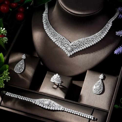HIBRIDE CZ African Bridal Jewelry Sets 4pcs Necklace Earrings Ring and Bracelet Set Fashion Women Wedding Accessories N-767