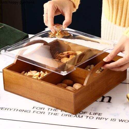 Solid Wood Square Rectangular Dried Fruit Box with Acrylic Cover Compartment Fruit Dish Home Use Dried Fruit Candy Storage Box