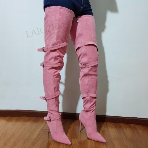 LAIGZEM Women Thigh High Boots Faux Suede Zip Up Stiletto High Heels Boots Over Knee Party Prom Shoes Woman Big Size 41 44 46 47