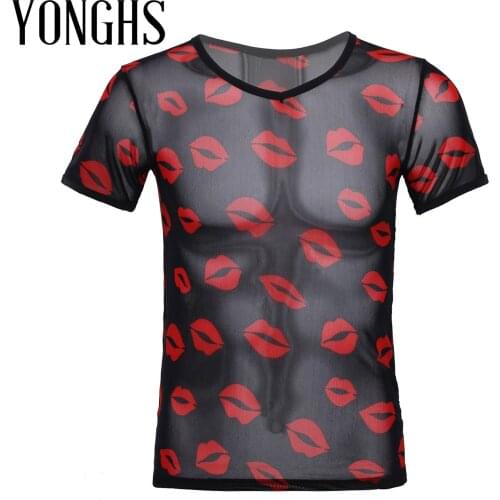 Mens Lip Print See-through Mesh T-shirt Fitness V Neck Nightclub Stage Show Costume Wrestling Singlets Transparent Sheer Tops