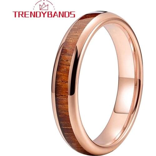 4MM Wood Inlay Rose Gold Tungsten Carbide Engagement Rings For Women Men Wedding Band High Polished Shiny Comfort Fit