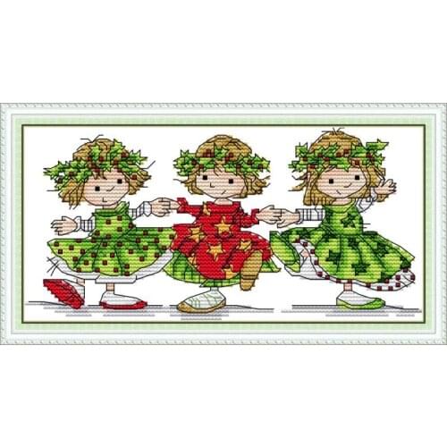 Three Little Girls Dancing Cross Stitch Kit Aida 14ct 11ct Count Print Canvas Cross Stitch Needlework Embroidery DIY Handmade